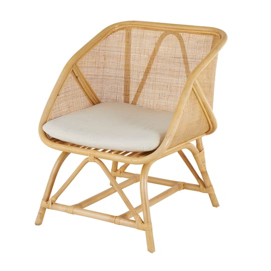 32" x 26" x 24" Light Brown Rattan Woven Squared Accent Chair with White Fabric Cushion